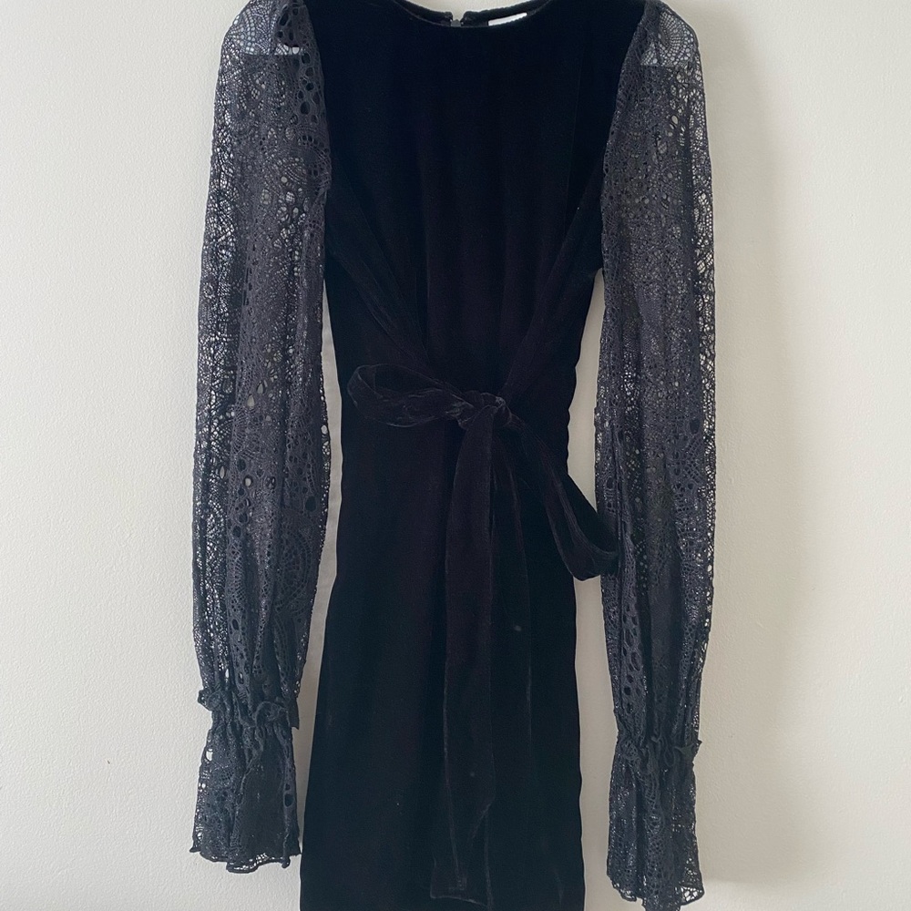 Black suede dress with sheer balloon sleeves